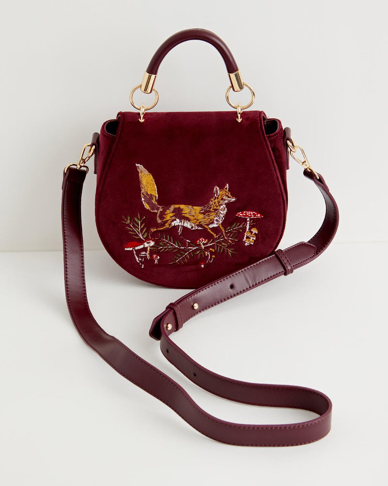 Fox & Mushroom Embroidered Saddle Bag - Redcurrant Velvet