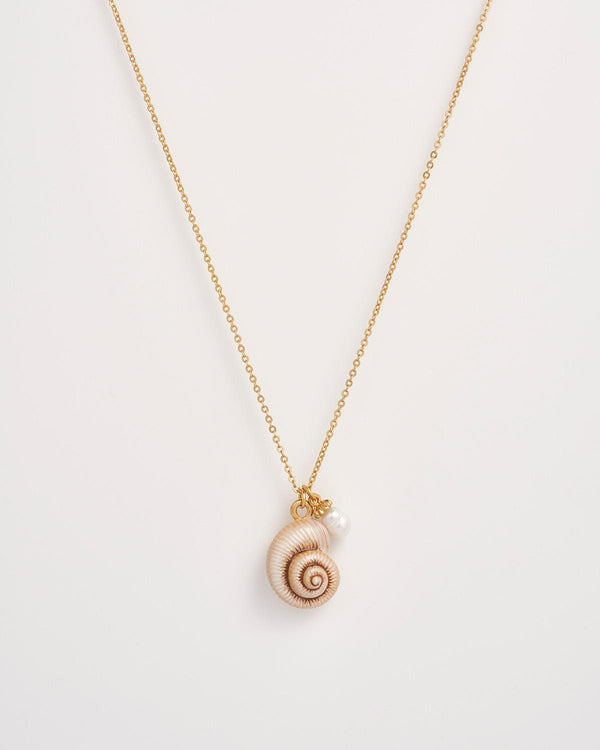 Sea Snail Shell and Pearl Worn Gold Short Necklace