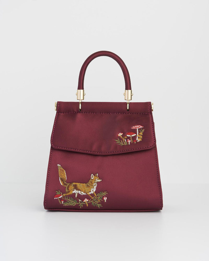 Fox & Mushroom Embroidered Burgundy Satin Tote