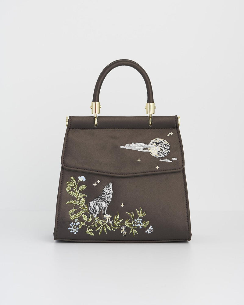 Wolf & Moon Embroidered Charcoal Satin Tote