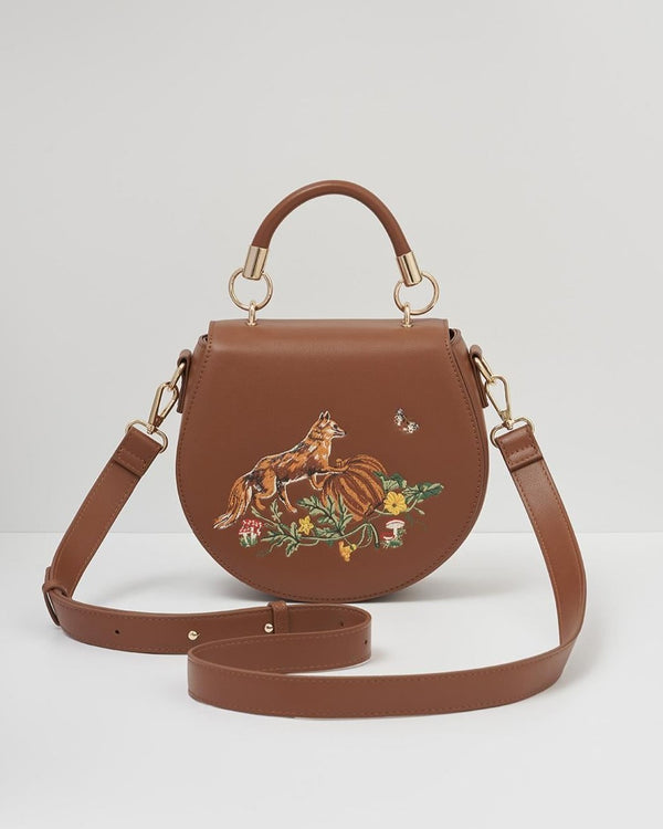 Fox & Pumpkin Embroidered Tan Saddle Bag