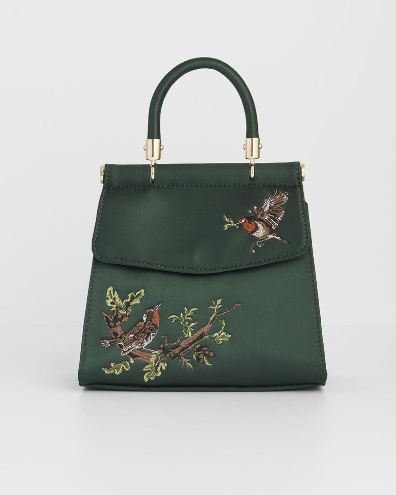 Robin Love Embroidered Green Satin Tote