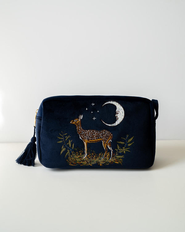 Deer & Moon Embroidered Pouch Blueberry Velvet