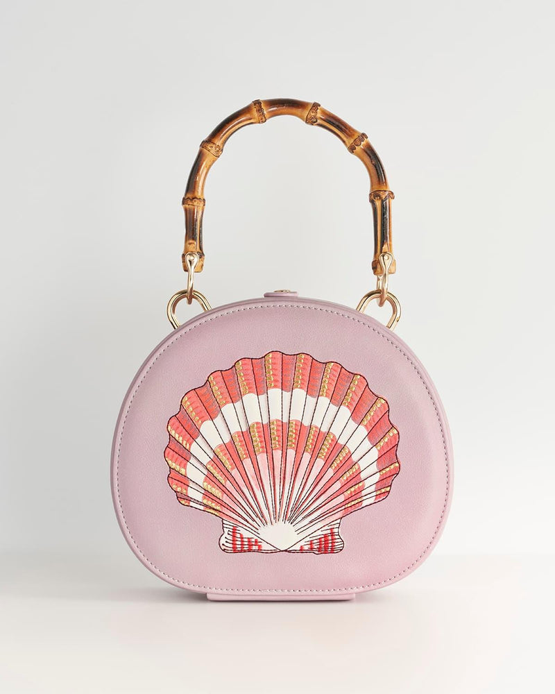 Embroidered Shell Lilac Bamboo Top Handle Bag