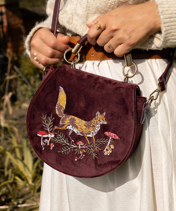 Fox & Mushroom Velvet Embroidered Saddle Bag - Redcurrant