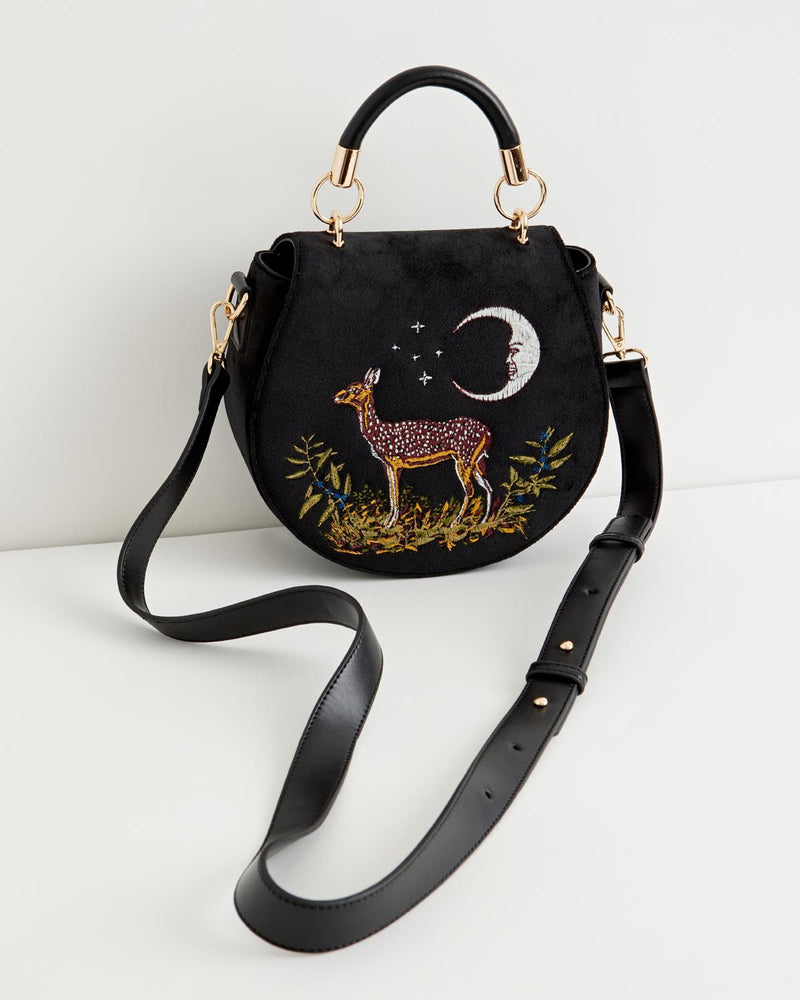 Deer & Moon Velvet - Embroidered Saddle Bag Black