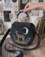 Deer & Moon Velvet - Embroidered Saddle Bag Black