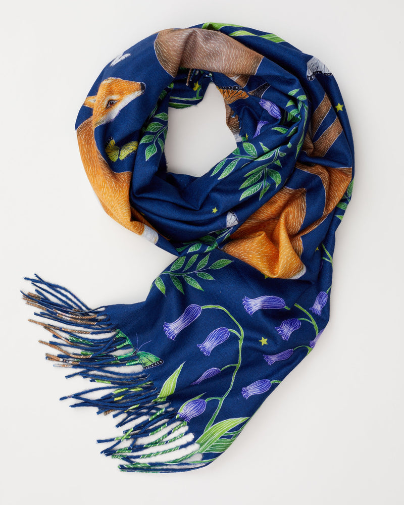 Catherine Rowe Hare & Fox Scarf with Tassels - Blue